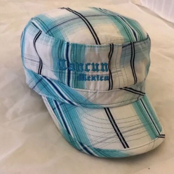 Caribbean Side Women's Cancun Mexico Aqua Blue Plaid Hat - Picture 3 of 11